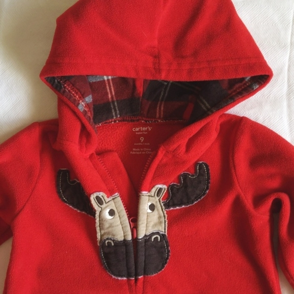 carter's red fleece moose hoodie jumpsuit 9 months - Picture 2 of 4